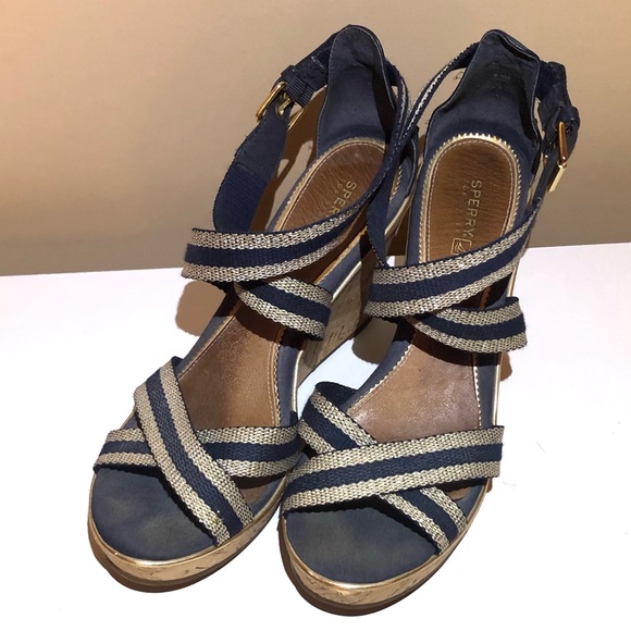 Sperry Topsider Navy Blue & Gold Crisscross Front Cork Heel Sandal. 4” heel - Picture 2 of 11
